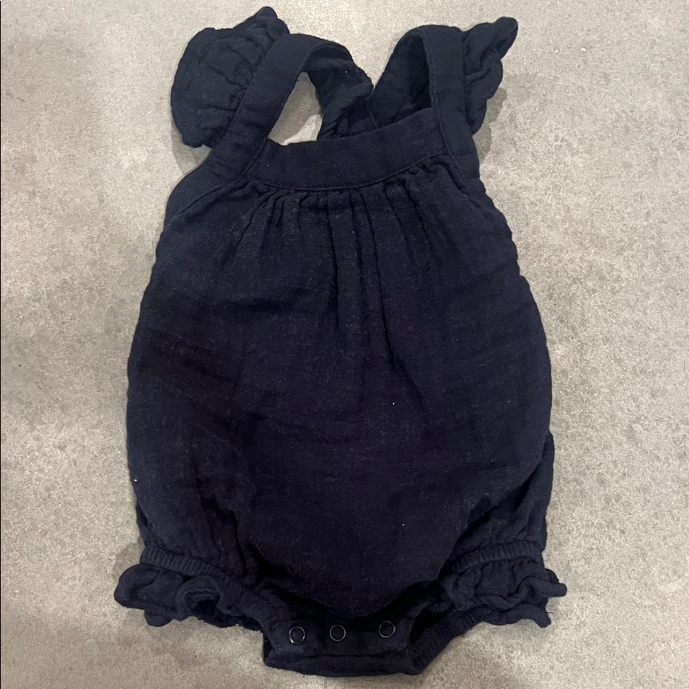 City Mouse Baby Romper 3-6M Navy Blue Organic Cotton Ruffle Bubble Bodysuit EUC